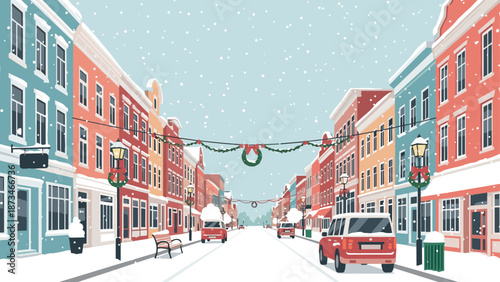 Charming winter scene of a snow-covered city street with festive decorations