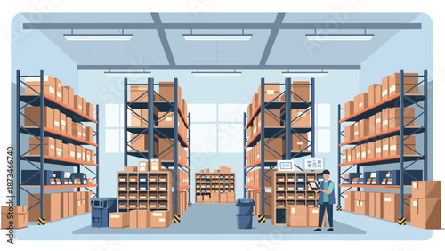 Modern warehouse interior with organized shelves and cardboard boxes in flat design