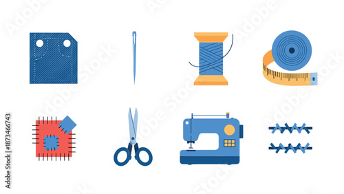 Sewing tools collection: flat style icons featuring needle, scissors, measuring tape, sewing machine