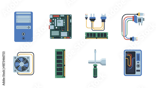 Modern computer components collection: hardware elements for technology design