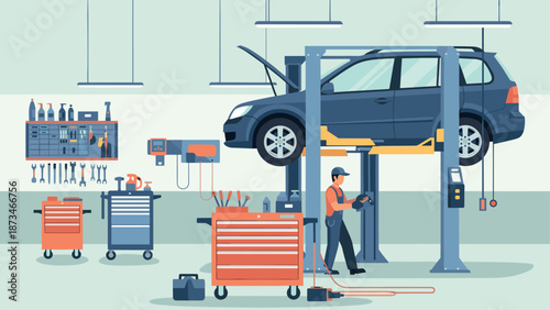 Auto repair shop scene with mechanic working on vehicle in garage