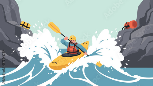 Adventurous kayaker navigating rapids between rocky cliffs in flat style adventure scene