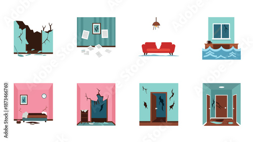 Interior damage and repair icons set for disaster recovery