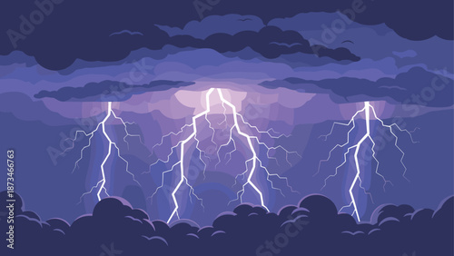 Dramatic nighttime lightning storm with purple clouds