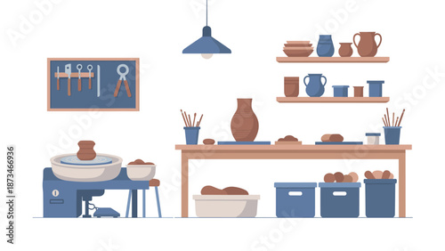 Cozy pottery studio with rustic decor and ceramic craft tools