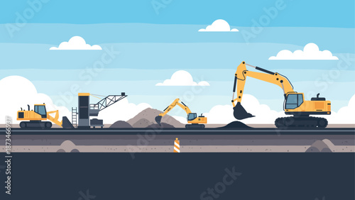 Modern construction site with heavy machinery in flat design