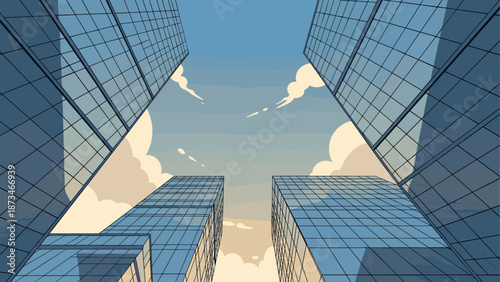 Modern architectural skyline with glass buildings and cloudy sky