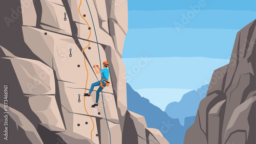 Rock climber ascending a mountain cliff in minimalist style