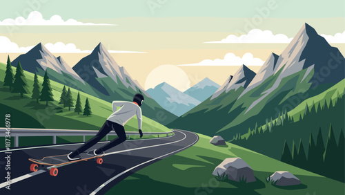 Sunset longboarding adventure on mountain highway