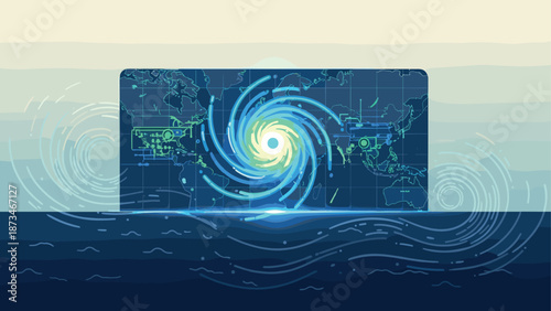 Futuristic global weather map displaying dynamic hurricane patterns and data visualization