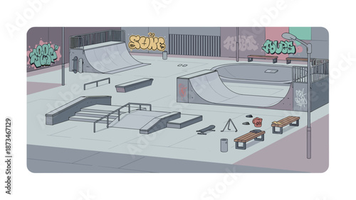 Urban skatepark scene with ramps and graffiti art in pastel colors