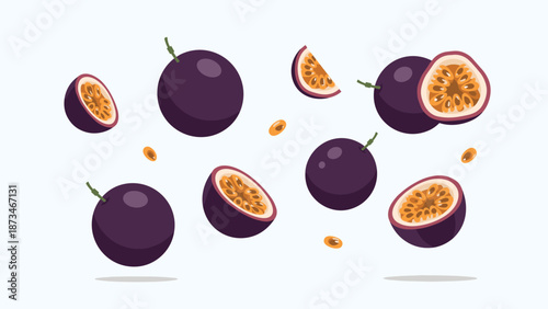 Passion fruit on light background with floating slices and seeds