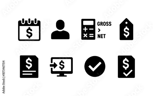 Financial icons collection: calendar, user, calculator, tag, document, computer, and checkmark