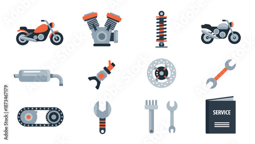 Motorcycle parts and tools collection in modern flat style