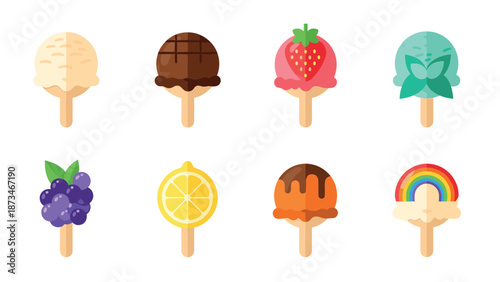 Colorful ice cream popsicle collection with unique toppings and flavors