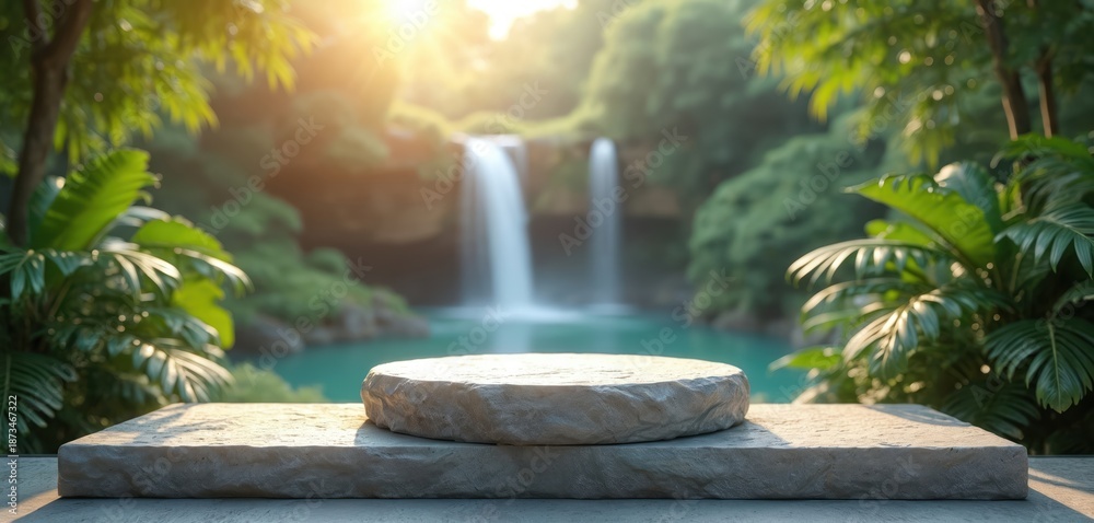 Fototapeta premium Stone podium sits empty near a rich waterfall. Tropical plants frame tranquil water scene. Sun shines bright, casting soft shadows. Product display area ready for use.