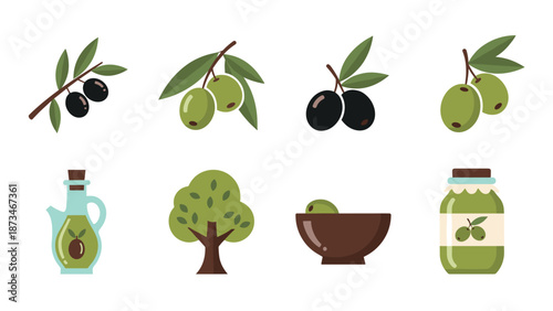 Set of flat olive icons including branches, oil bottle, tree, bowl, and jar