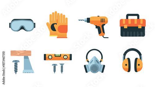 Essential safety and construction tools: drill, goggles, gloves, and more in flat design