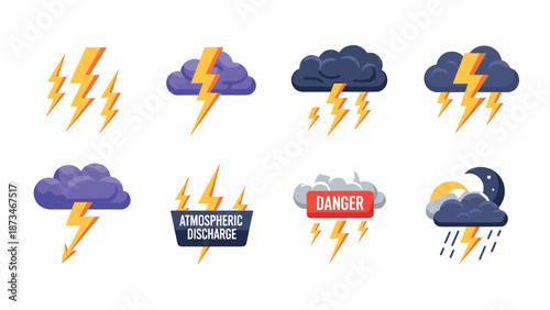 Colorful lightning and thunderstorm icons for weather apps and forecasting