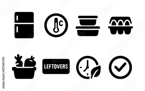 Collection of food storage and preservation icons including refrigerator, thermometer, and eggs