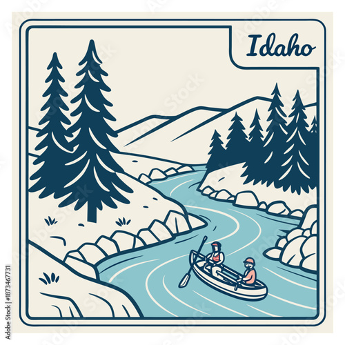 Idaho river rafting adventure badge with mountains and pine trees