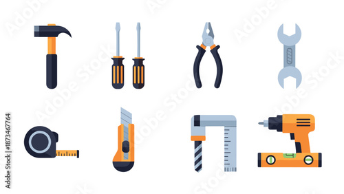 Flat design construction tools set: hammer, screwdrivers, pliers, wrench, and more