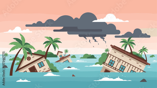 Tropical flood disaster with sunken houses and dark storm clouds