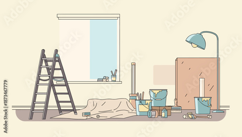 Home renovation scene with diy painting tools in flat style