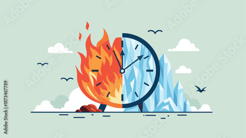 Time concept with half flaming clock and half frozen clock in flat style