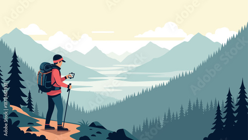 Minimalist landscape adventure: hiker in scenic mountain view with smartphone and backpack