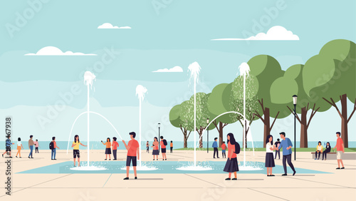 People enjoying a sunny day at a vibrant city park with fountain and trees