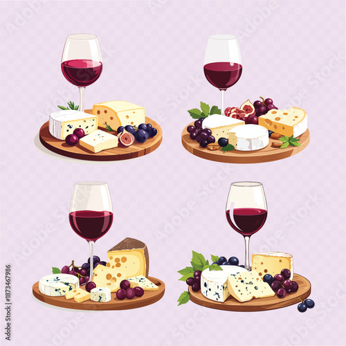 vector illustration of a wine and cheese and grapes, isolated background