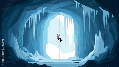 Adventurous ice cave exploration with climber descending on rope
