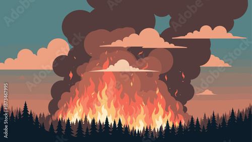 Forest fire with billowing smoke and orange flames in flat design