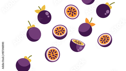 Bright passionfruit pattern on white background with whole and sliced fruits