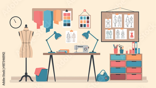 Seamstress workspace with fashion design elements and vintage sewing machine