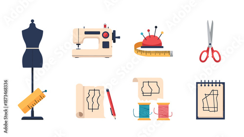 Sewing essentials: mannequin, sewing machine, patterns, and tools illustration