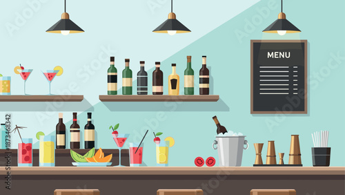 Modern bar interior with stylish flat design and cocktail selection