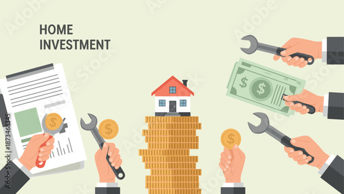 Home investment concept with money and tools in flat design