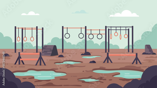 Outdoor obstacle course in flat design with mud puddles and climbing bars