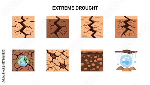 Extreme drought icons: cracked earth and desiccated landscapes