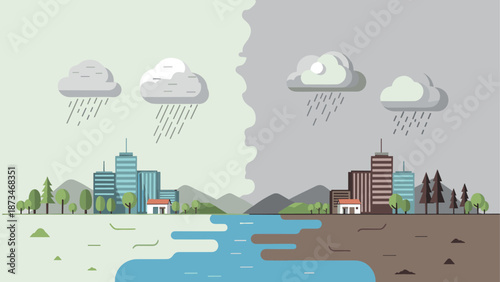 Cityscape showing contrast between green environment and urban pollution in flat design