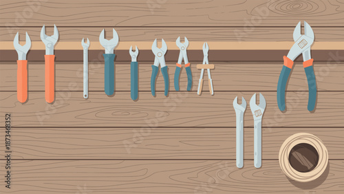 Collection of hand tools on wooden background for home improvement projects