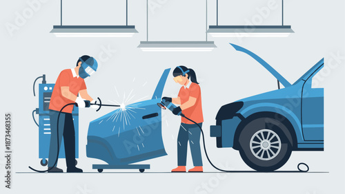 Car repair workshop scene with mechanics welding and using tools in modern garage