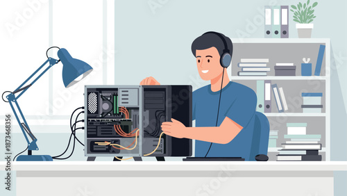 Smiling man building a custom pc in a modern office setting