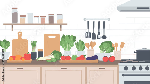 Modern kitchen interior with fresh vegetables on counter and utensils hanging on wall