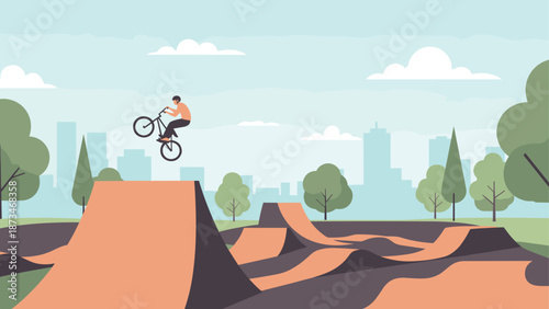 Bmx rider jumping in scenic park background with ramp and trees