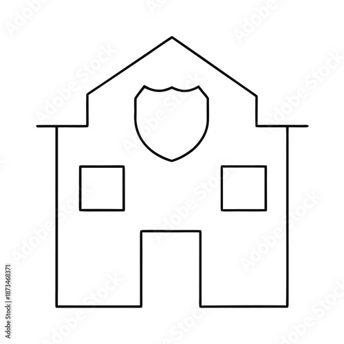 Simple outline icon representing a police station or courthouse structure featuring a prominent shield emblem above the entrance area for law enforcement concepts