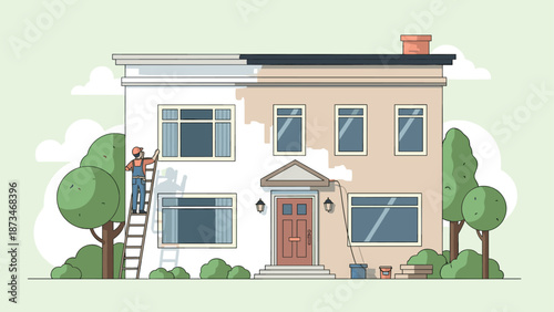 House painting process: worker on ladder refreshing exterior facade in flat style