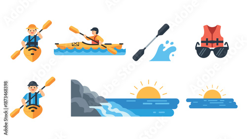 Colorful kayaking adventure with paddling icons and sunsets